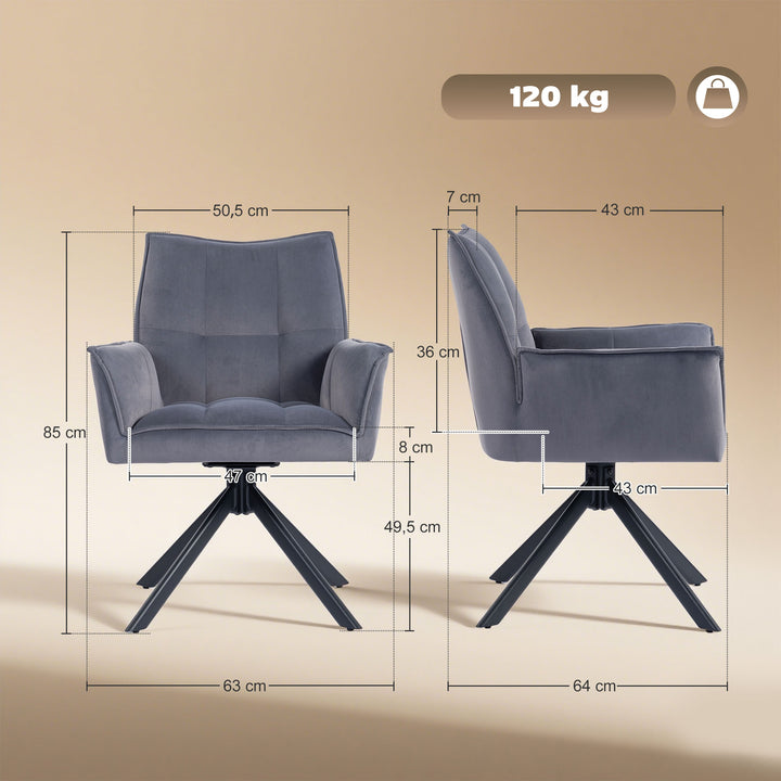 Conjunto de 2 Cadeiras de Refeição Giratórias 360° Cadeiras de Cozinha com Apoio de Braços Encosto Estofado Estofamento em Veludo Pés em Aço para Escritório Conferência Sala de Estar 63x64x85 cm Cinza