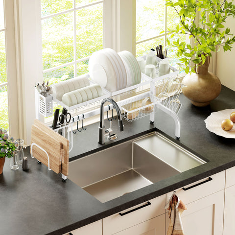Escorredor de Louça de Aço Escorredor de Pratos de 2 Níveis com Prateleira para Pratos Suporte para Facas e Talheres 100x30x54,5 cm Branco