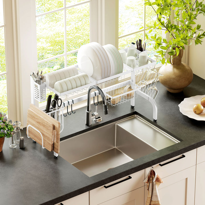 Escorredor de Louça de Aço Escorredor de Pratos de 2 Níveis com Prateleira para Pratos Suporte para Facas e Talheres 100x30x54,5 cm Branco