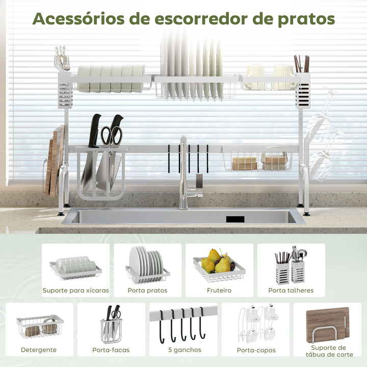 Escorredor de Louça de Aço Escorredor de Pratos de 2 Níveis com Prateleira para Pratos Suporte para Facas e Talheres 100x30x54,5 cm Branco