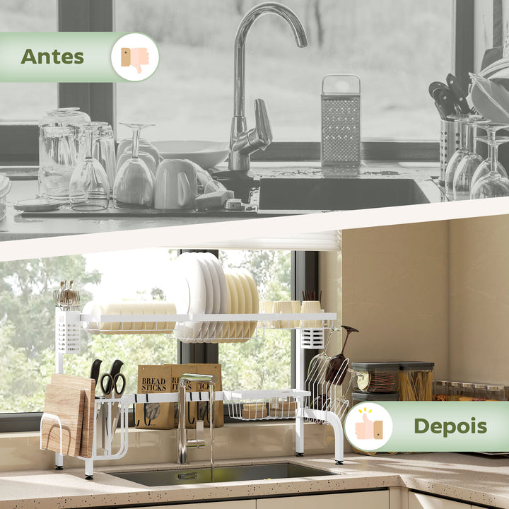 Escorredor de Louça de Aço Escorredor de Pratos de 2 Níveis com Prateleira para Pratos Suporte para Facas e Talheres 100x30x54,5 cm Branco