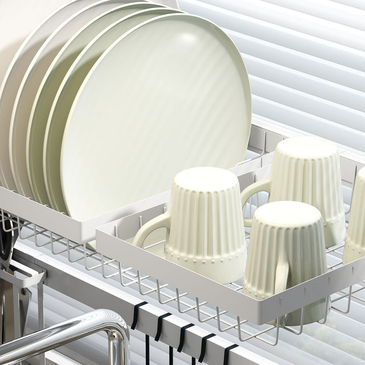 Escorredor de Louça de Aço Escorredor de Pratos de 2 Níveis com Prateleira para Pratos Suporte para Facas e Talheres 100x30x54,5 cm Branco