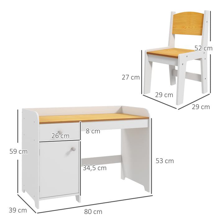 Conjunto de Secretária e Cadeira para Crianças Secretária Infantil com Cadeira Conjunto Infantil de 2 Peças com Gaveta e Armário para Quarto Sala Branco e Natural