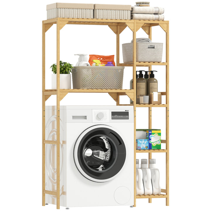 Estante para Máquina de Lavar em Bambu Móvel para Máquina de Lavar ou Sanita com Prateleiras Reversíveis e Ajustáveis Poupa Espaço Para Lavandaria Casa de Banho 100x40x157 cm Madeira