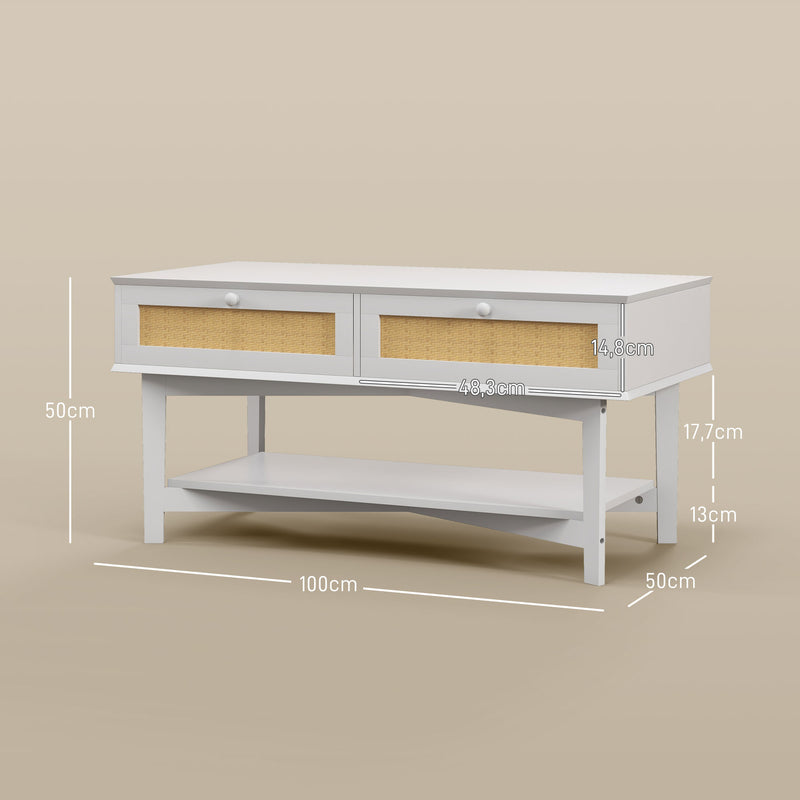 Mesa de Centro com 2 Gavetas Decorativas de Vime e Prateleira de Armazenamento Inferior para Sala de Estar Escritório Carga 50 kg 100x50x50 cm Branco