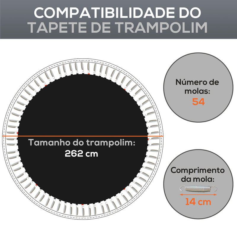 Tapete de Substituição para Trampolim Redondo Ø262 cm Tapete para Trampolim de 10 Pés Anti-UV e 8 Filas de Costuras Preto