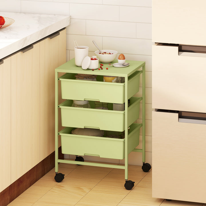 Carrinho Auxiliar com Rodas Carrinho de Cozinha de 3 Níveis com 3 Cestos para Armazenamento e Estrutura de Aço para Sala de Jantar Banheiro 40,8x33,5x60,5 cm Verde
