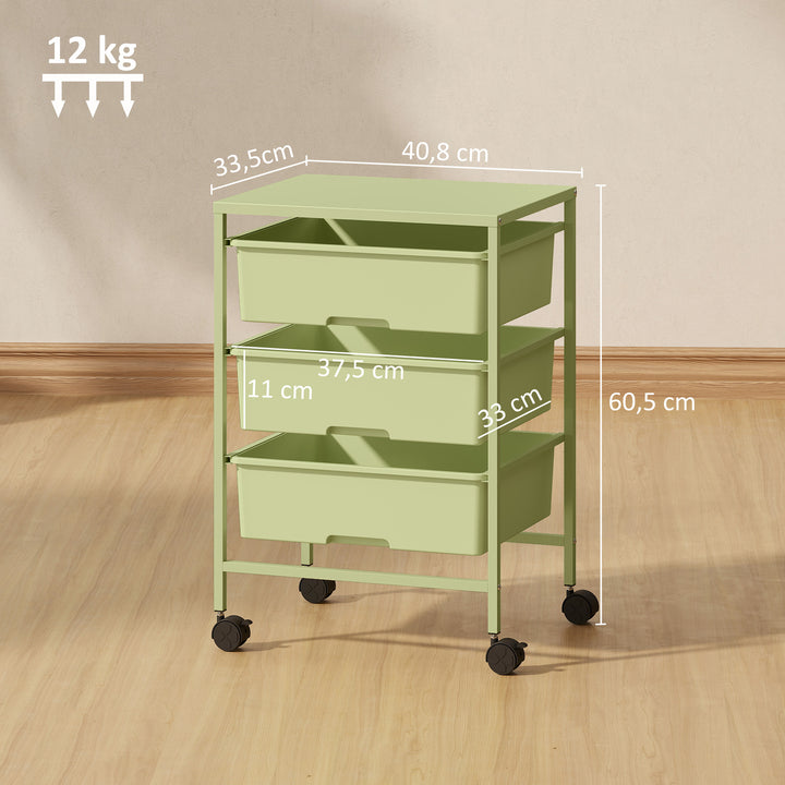 Carrinho Auxiliar com Rodas Carrinho de Cozinha de 3 Níveis com 3 Cestos para Armazenamento e Estrutura de Aço para Sala de Jantar Banheiro 40,8x33,5x60,5 cm Verde
