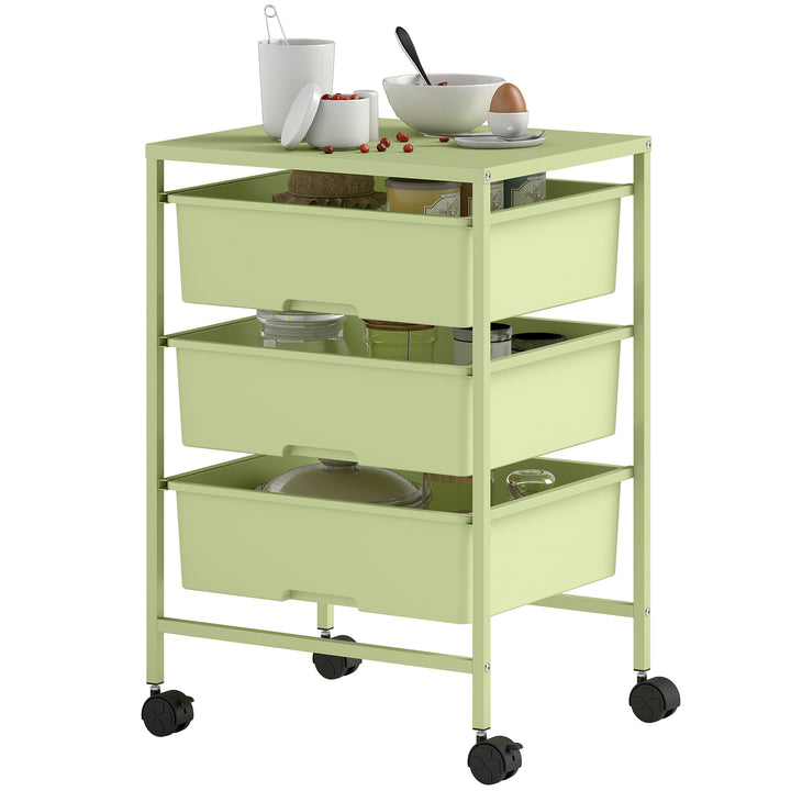 Carrinho Auxiliar com Rodas Carrinho de Cozinha de 3 Níveis com 3 Cestos para Armazenamento e Estrutura de Aço para Sala de Jantar Banheiro 40,8x33,5x60,5 cm Verde