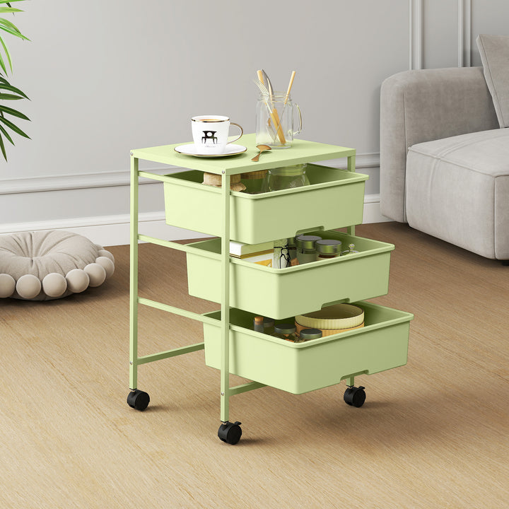 Carrinho Auxiliar com Rodas Carrinho de Cozinha de 3 Níveis com 3 Cestos para Armazenamento e Estrutura de Aço para Sala de Jantar Banheiro 40,8x33,5x60,5 cm Verde