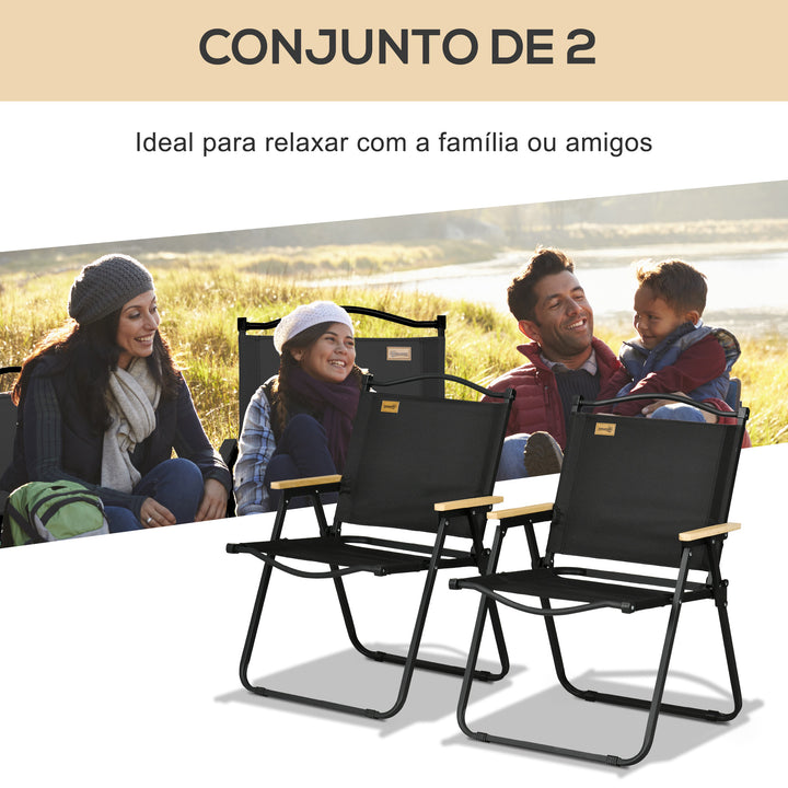 Conjunto de 2 Cadeiras Dobráveis de Campismo Cadeiras de Campismo Portáteis com Apoios de Braços e Estrutura de Aço Cadeira para Pesca Jardim Terraço 54x59x78 cm Preto