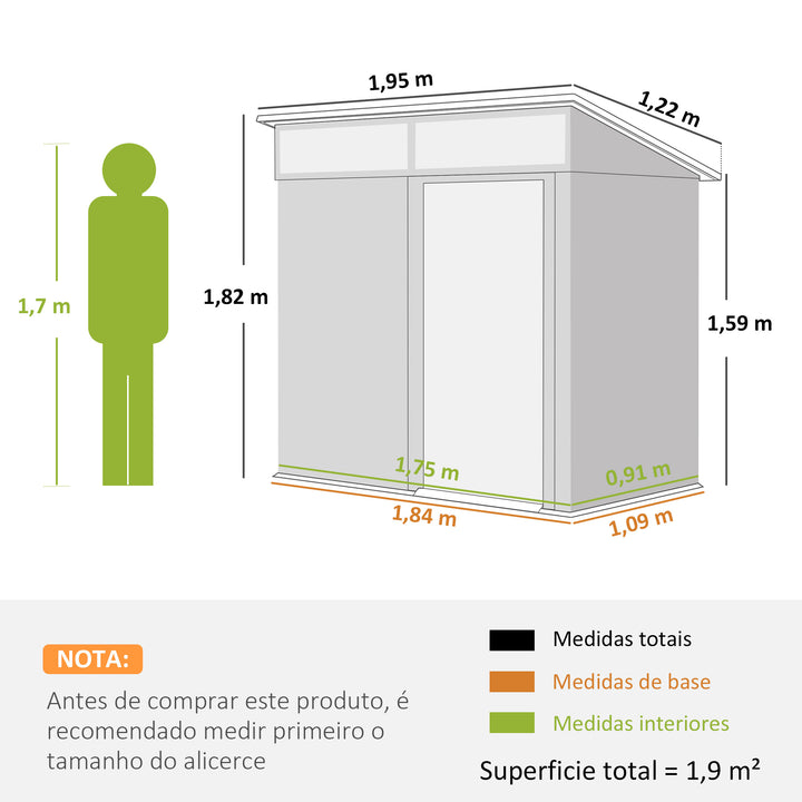 Abrigo de Jardim 1,9m² 195x122x182 cm Abrigo de Exterior com Base Reforçada (Chão NÃO Incluído) Porta Corredera Janelas Abrigo de Ferramentas para Pátio Cinza Escuro