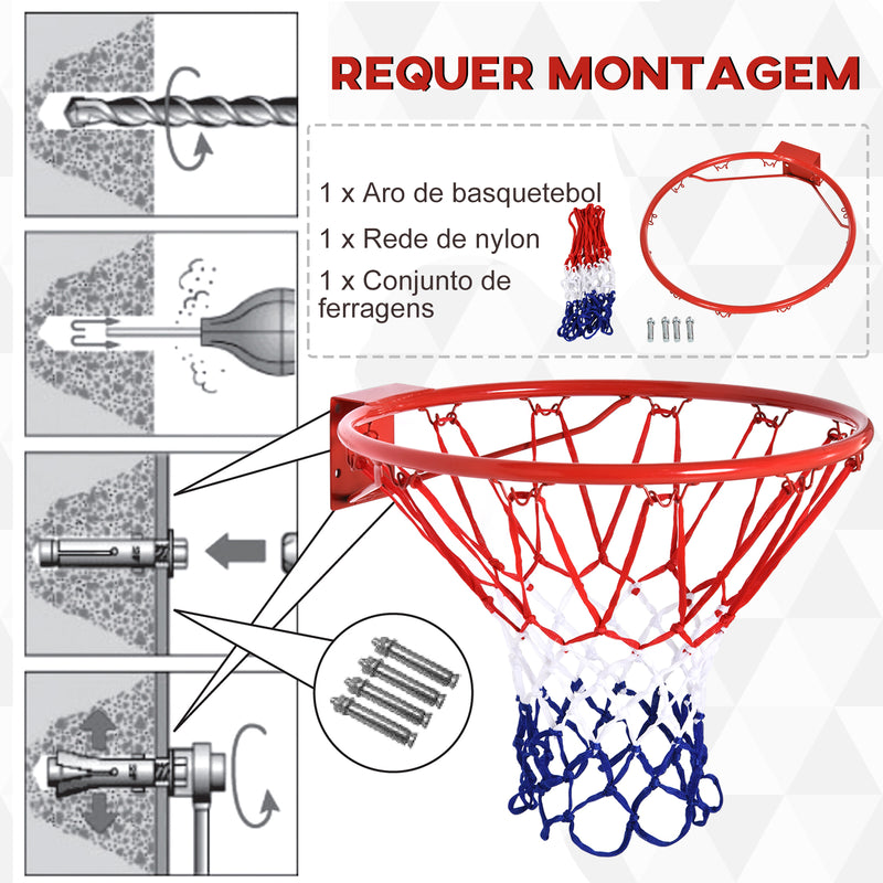 Cesta de Basquetebol de Parede Ø46 cm Aro de Basquetebol com Rede Estrutura Metálica 12 Ganchos para Interior e Exterior Vermelho