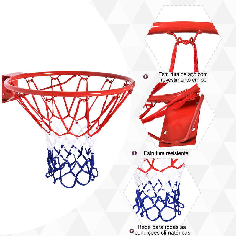 Cesta de Basquetebol de Parede Ø46 cm Aro de Basquetebol com Rede Estrutura Metálica 12 Ganchos para Interior e Exterior Vermelho