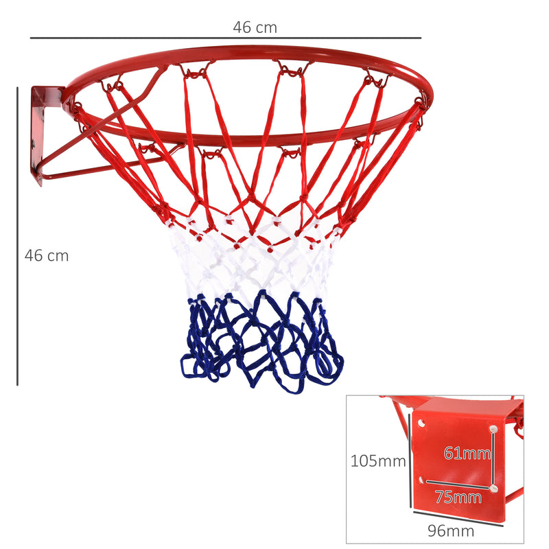 Cesta de Basquetebol de Parede Ø46 cm Aro de Basquetebol com Rede Estrutura Metálica 12 Ganchos para Interior e Exterior Vermelho