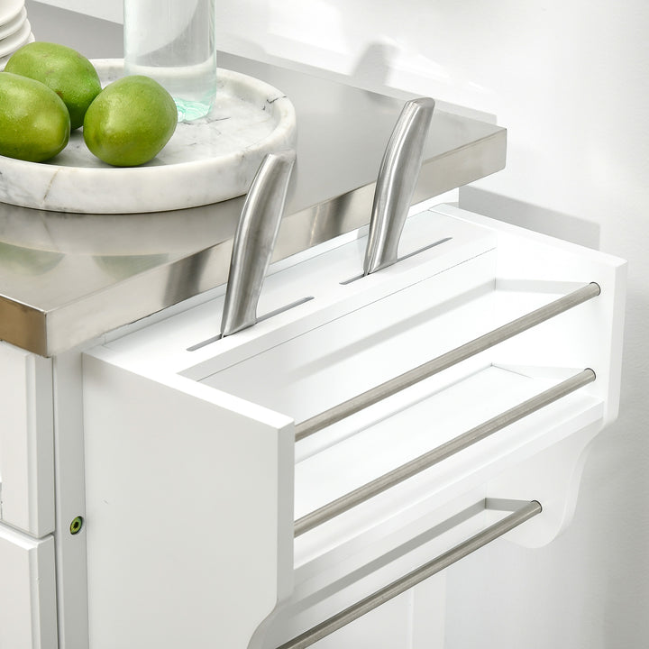 Ilha de Cozinha Móvel Auxiliar de Cozinha Moderno com 4 Rodas Gaveta Barra Suporte para Temperos e Prateleira Ajustável 83,5x45,7x90,5 cm Branco