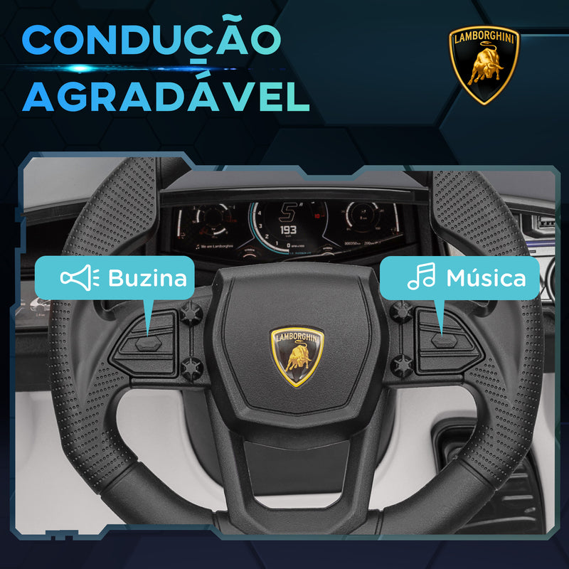 Carro Elétrico para Crianças acima de 3 Anos Carro Lamborghini Revuelto Carro Elétrico para Crianças com Bateria 12V Controlo Remoto Faróis LED Buzina Música e Rodas Auxiliares 105x60x40 cm Branco