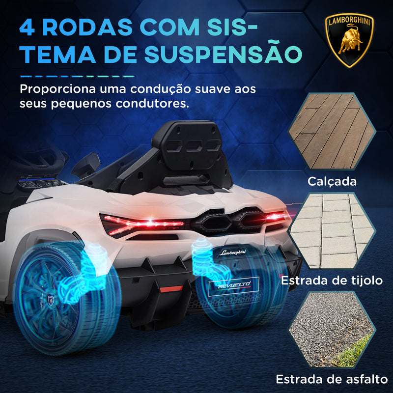 Carro Elétrico para Crianças acima de 3 Anos Carro Lamborghini Revuelto Carro Elétrico para Crianças com Bateria 12V Controlo Remoto Faróis LED Buzina Música e Rodas Auxiliares 105x60x40 cm Branco