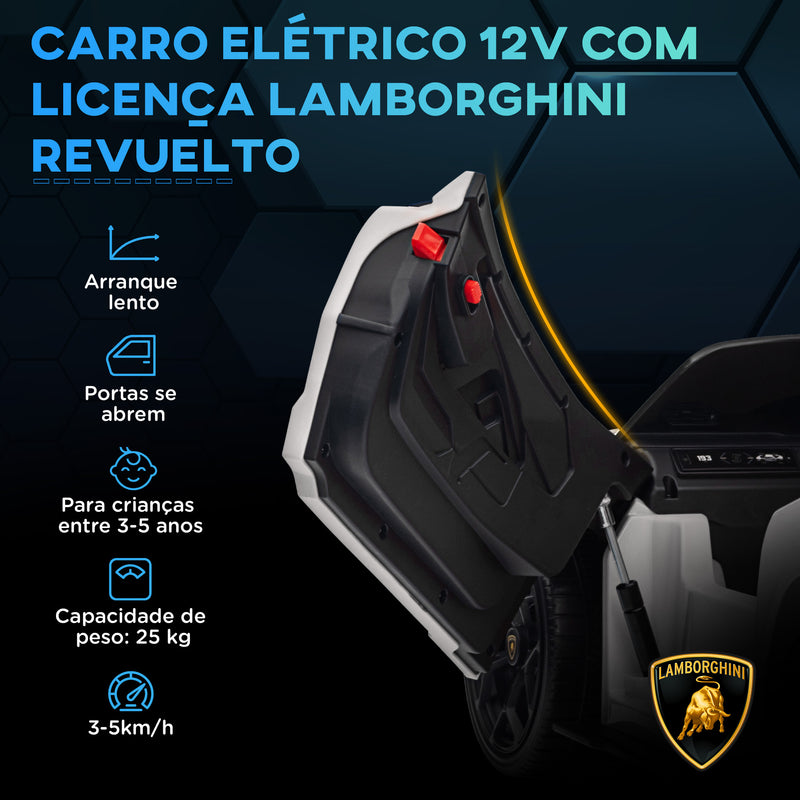 Carro Elétrico para Crianças acima de 3 Anos Carro Lamborghini Revuelto Carro Elétrico para Crianças com Bateria 12V Controlo Remoto Faróis LED Buzina Música e Rodas Auxiliares 105x60x40 cm Branco