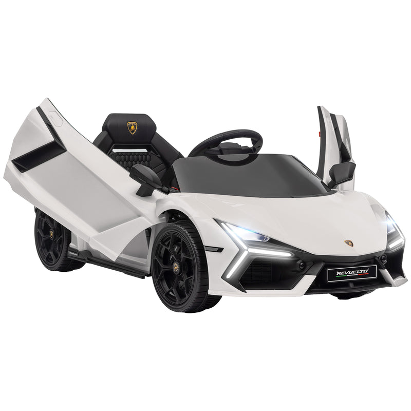 Carro Elétrico para Crianças acima de 3 Anos Carro Lamborghini Revuelto Carro Elétrico para Crianças com Bateria 12V Controlo Remoto Faróis LED Buzina Música e Rodas Auxiliares 105x60x40 cm Branco