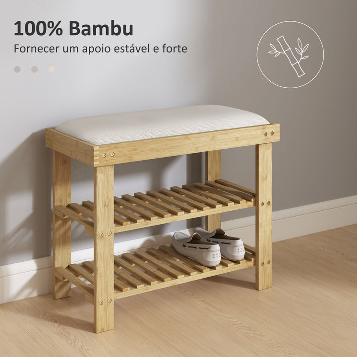 Banco Sapateira de Bambu Sapateira com Assento Almofadado 2 Prateleiras para 6 Pares de Sapatos para Entrada Dormitório 60x29x49 cm Madeira e Creme