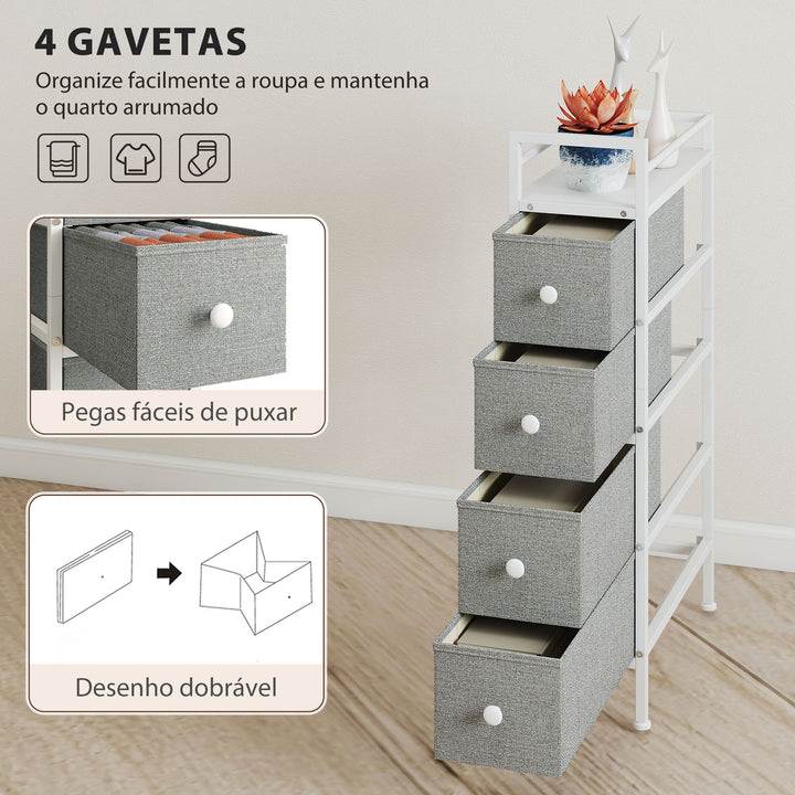 Móvel de Arrumação Estreito com 4 Gavetas de Tecido Cómoda para Quarto Estreita com Estrutura de Aço para Espaços Pequenos Sala de Estar Closet Casa de Banho 20x43x81,5 cm Cinzento Claro
