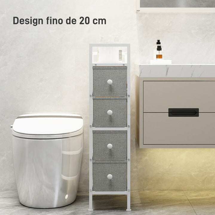 Móvel de Arrumação Estreito com 4 Gavetas de Tecido Cómoda para Quarto Estreita com Estrutura de Aço para Espaços Pequenos Sala de Estar Closet Casa de Banho 20x43x81,5 cm Cinzento Claro