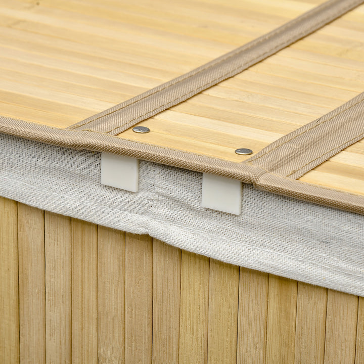 Cesto de Roupa Suja com Tampa 100L Cesto de Bambu com 2 Compartimentos Forro Interior Removível e Lavável Alças para Lavandaria Quarto 62,5x37x60,5 cm Madeira