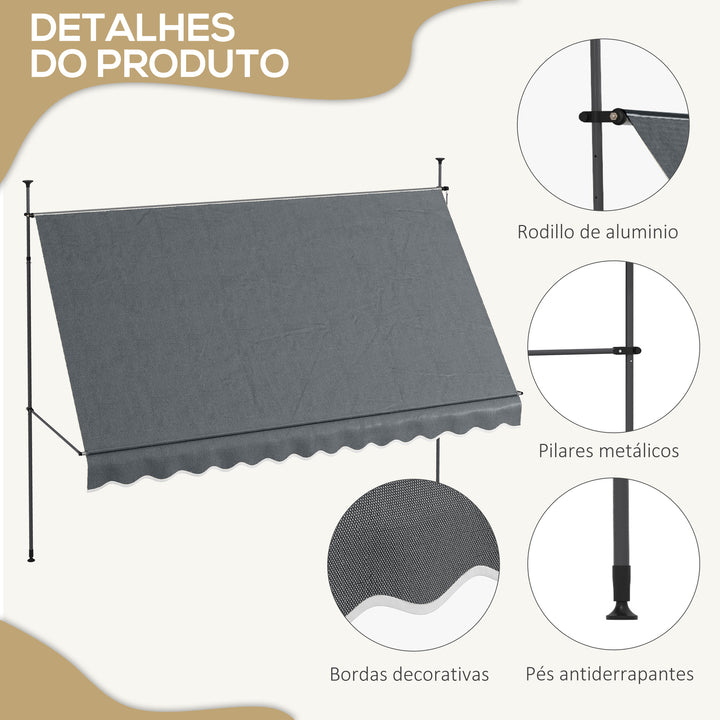 Toldo Manual Retrátil com Manivela 350x120x210-300 cm Toldo para Varanda com Altura Ajustável Impermeável e Anti-UV para Jardim Terraço Cinza Escuro