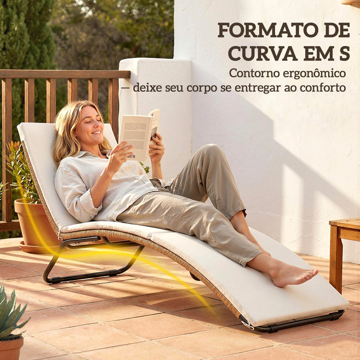 Espreguiçadeira de Vime em Forma de S, Espreguiçadeira de Jardim Exterior com Almofada, Assento Respirável e Estrutura de Aço, Carga 120 kg, para Pátio, Praia, Terraço e Piscina, Creme