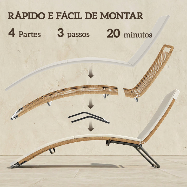 Espreguiçadeira de Vime em Forma de S, Espreguiçadeira de Jardim Exterior com Almofada, Assento Respirável e Estrutura de Aço, Carga 120 kg, para Pátio, Praia, Terraço e Piscina, Creme