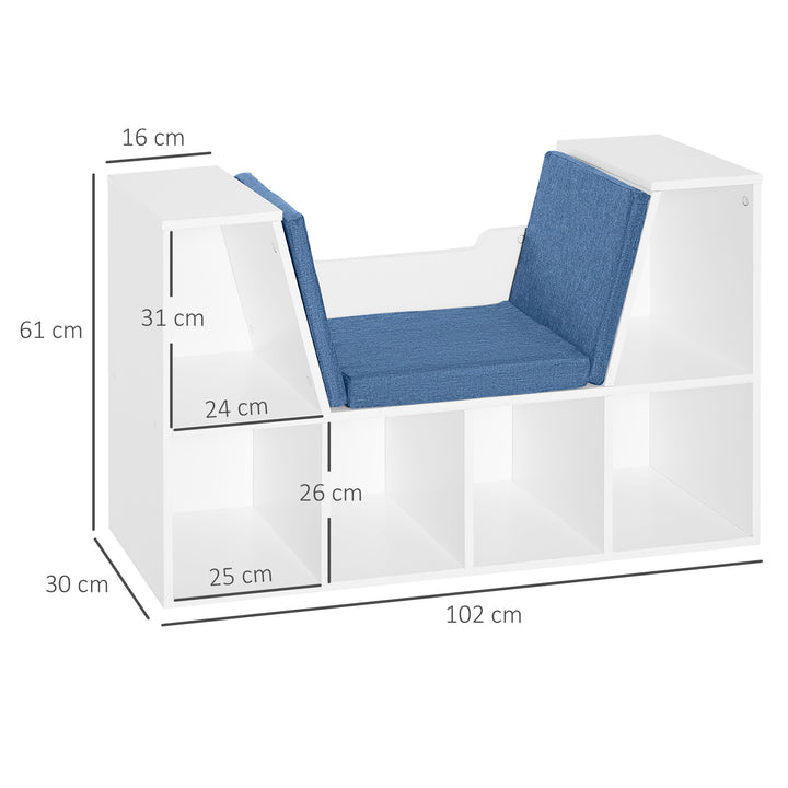 Estante para Livros com Banco Integrado e 6 Cubos Estante Infantil com Assento 102x30x61 cm Branco e Azul