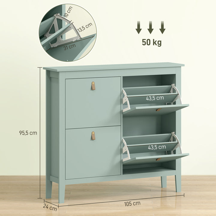 Sapateira Estreita Móvel Sapateira para Entrada com 4 Gavetas Abatíveis Prateleiras Ajustáveis e Puxadores em PU para 20 Pares de Sapatos para Corredor 105x24x95,5 cm Verde Claro