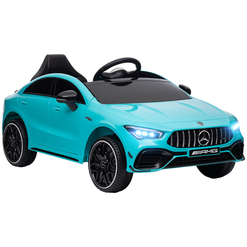 Carro Elétrico para Crianças acima de 3 Anos Carro Mercedes AMG CLA 45 Carro Elétrico Infantil com Bateria 12V Controlo Remoto Faróis LED Buzina Música e Rodas Auxiliares Azul Turquesa