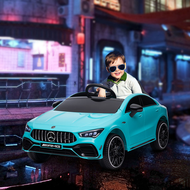 Carro Elétrico para Crianças acima de 3 Anos Carro Mercedes AMG CLA 45 Carro Elétrico Infantil com Bateria 12V Controlo Remoto Faróis LED Buzina Música e Rodas Auxiliares Azul Turquesa