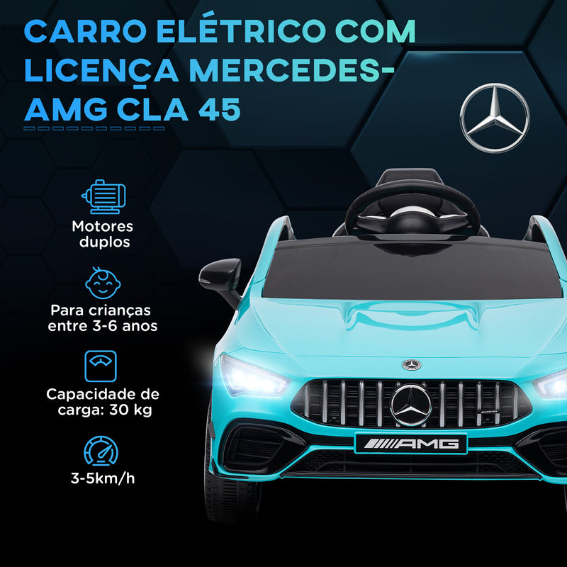 Carro Elétrico para Crianças acima de 3 Anos Carro Mercedes AMG CLA 45 Carro Elétrico Infantil com Bateria 12V Controlo Remoto Faróis LED Buzina Música e Rodas Auxiliares Azul Turquesa