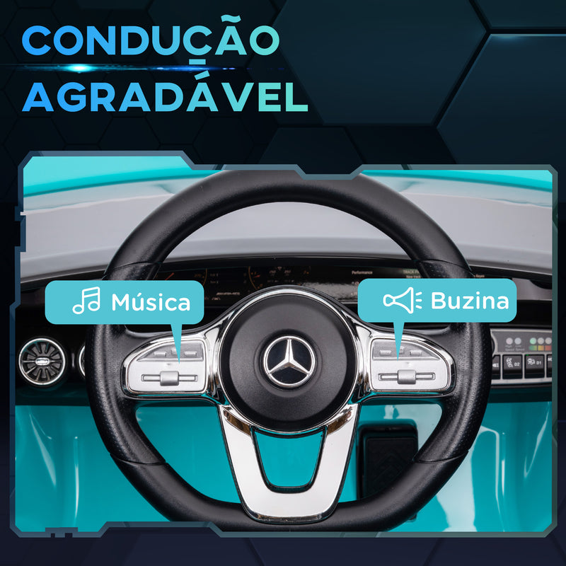 Carro Elétrico para Crianças acima de 3 Anos Carro Mercedes AMG CLA 45 Carro Elétrico Infantil com Bateria 12V Controlo Remoto Faróis LED Buzina Música e Rodas Auxiliares Azul Turquesa