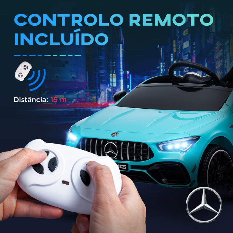 Carro Elétrico para Crianças acima de 3 Anos Carro Mercedes AMG CLA 45 Carro Elétrico Infantil com Bateria 12V Controlo Remoto Faróis LED Buzina Música e Rodas Auxiliares Azul Turquesa