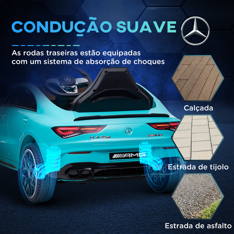 Carro Elétrico para Crianças acima de 3 Anos Carro Mercedes AMG CLA 45 Carro Elétrico Infantil com Bateria 12V Controlo Remoto Faróis LED Buzina Música e Rodas Auxiliares Azul Turquesa