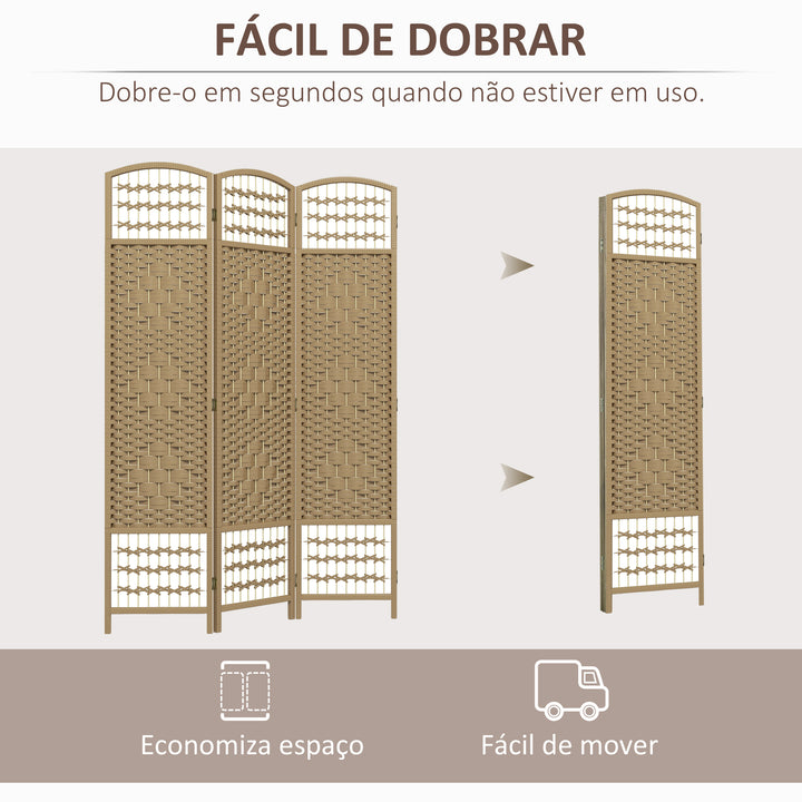 Biombo Plegável de 3 Painéis 120x170 cm Biombo Separador de Ambientes em Corda de Papel Estrutura de Madeira Decoração para Quarto Sala Madeira