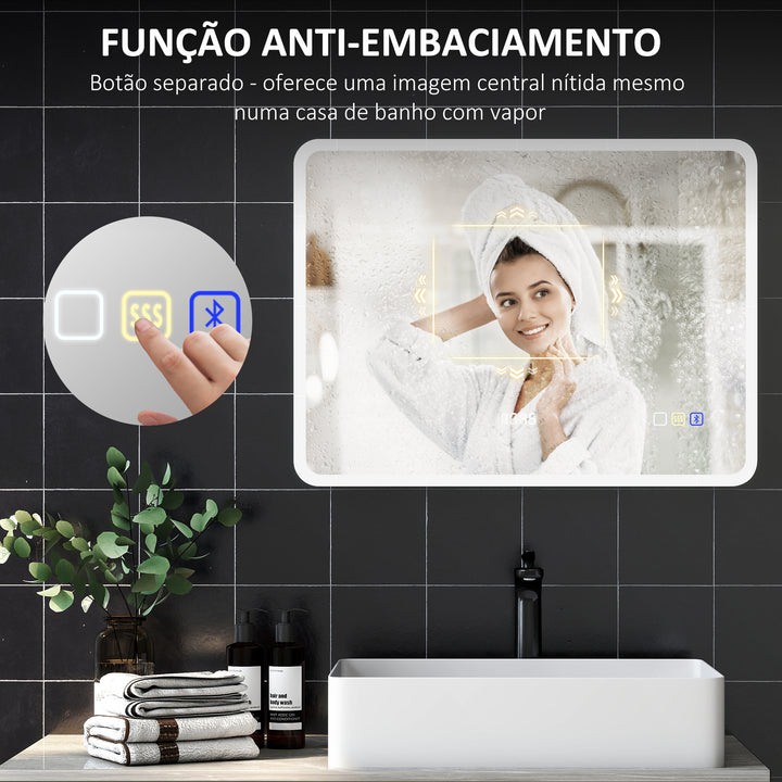 Espelho de Casa de Banho com Luz LED 80x60 cm Espelho de Parede com Bluetooth 3 Cores de Luz Relógio Digital Função Antiembaciamento Função de Memória Interruptor Tátil IP44 Prata