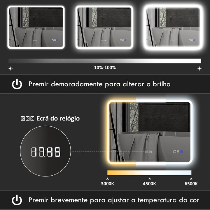 Espelho de Casa de Banho com Luz LED 80x60 cm Espelho de Parede com Bluetooth 3 Cores de Luz Relógio Digital Função Antiembaciamento Função de Memória Interruptor Tátil IP44 Prata