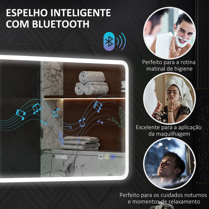 Espelho de Casa de Banho com Luz LED 80x60 cm Espelho de Parede com Bluetooth 3 Cores de Luz Relógio Digital Função Antiembaciamento Função de Memória Interruptor Tátil IP44 Prata