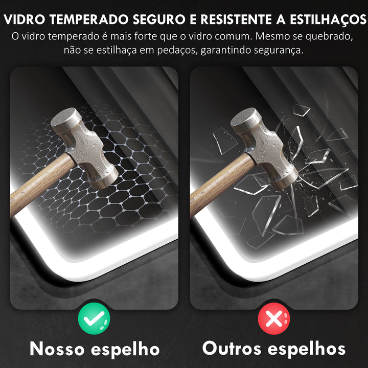 Espelho de Casa de Banho com Luz LED 80x60 cm Espelho de Parede com Bluetooth 3 Cores de Luz Relógio Digital Função Antiembaciamento Função de Memória Interruptor Tátil IP44 Prata
