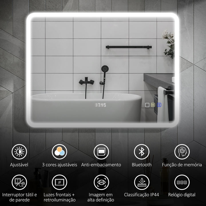 Espelho de Casa de Banho com Luz LED 80x60 cm Espelho de Parede com Bluetooth 3 Cores de Luz Relógio Digital Função Antiembaciamento Função de Memória Interruptor Tátil IP44 Prata