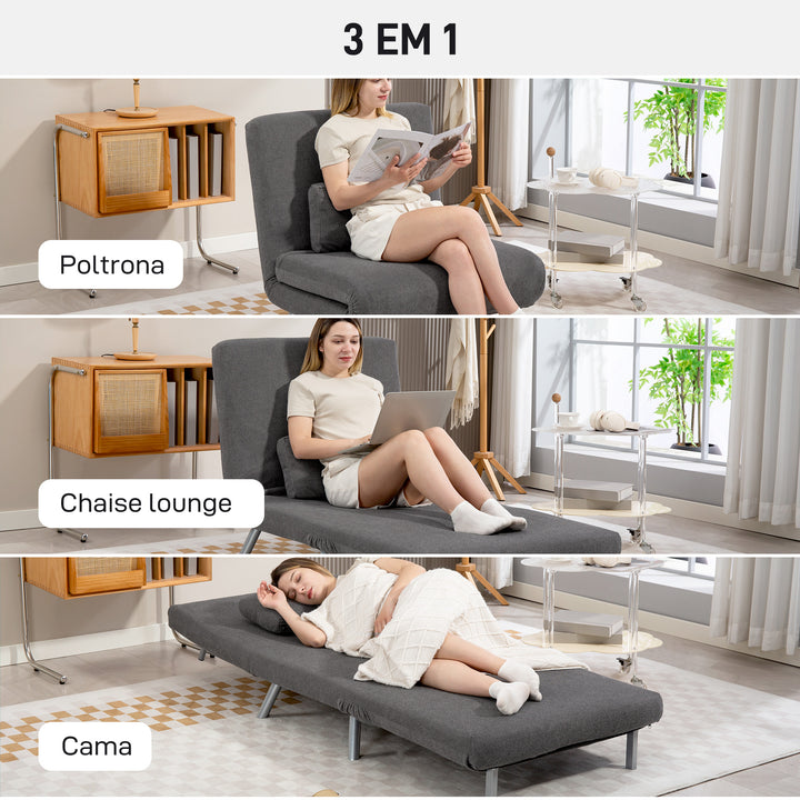 Sofá Cama de Uma Praça 3 em 1 Sofá Dobrável Revestido em Tecido Cinzento Mesclado com Encosto Ajustável em 5 Níveis e Almofada para Escritório Quarto Sala 80x75x83 cm
