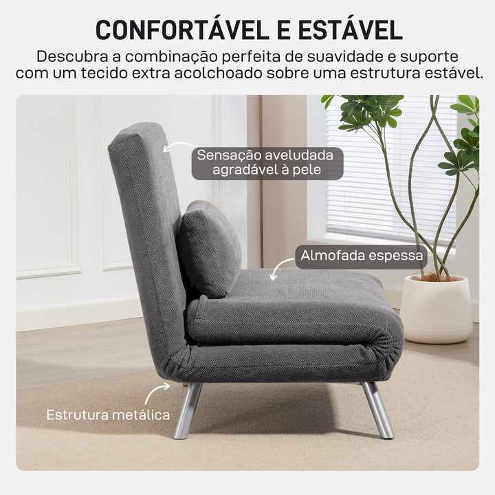 Sofá Cama de Uma Praça 3 em 1 Sofá Dobrável Revestido em Tecido Cinzento Mesclado com Encosto Ajustável em 5 Níveis e Almofada para Escritório Quarto Sala 80x75x83 cm