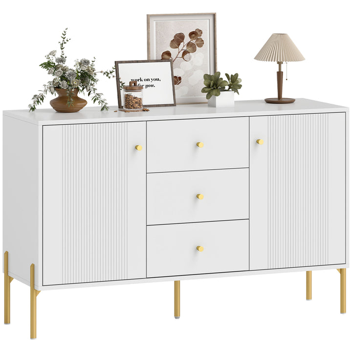 Aparador Moderno de 2 Portas Aparador de Sala de Estar com 3 Gavetas Prateleiras Ajustáveis Bancada com Efeito Mármore Pés em Aço para Cozinha Entrada Quarto 120x39,1x76 cm Branco
