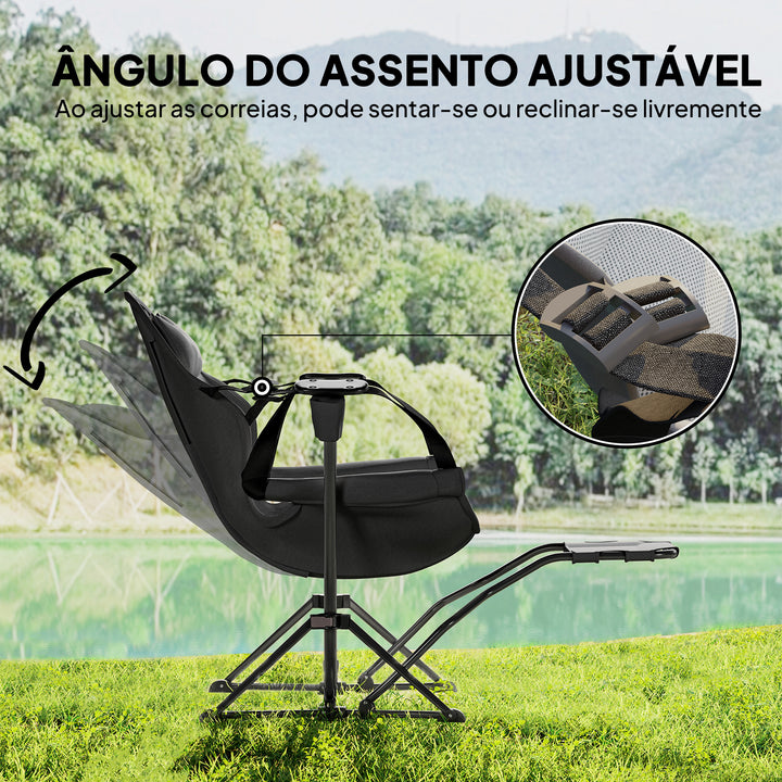 Conjunto de 2 Cadeiras Baloiço de Exterior com Apoio para os Pés Cadeira de Campismo Dobrável com Suporte para Copos e Bolsa de Transporte Carga 120 kg para Praia Campismo Pesca Preto