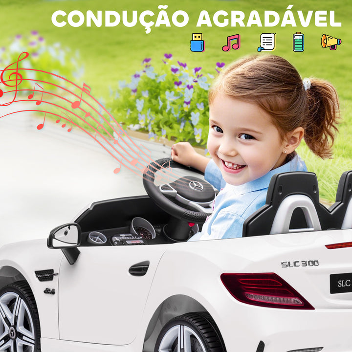 Carro Elétrico Mercedes SLC 300 12V para Crianças de 3-6 Anos com Controlo Remoto Faróis LED Buzina Música TF USB e Abertura da Porta 3-5km/h 107x62,5x44 cm Branco